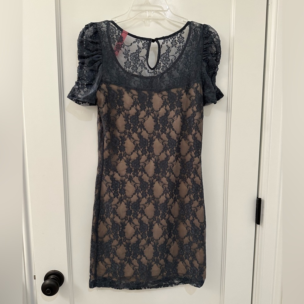 Blue lace dress with tan lining